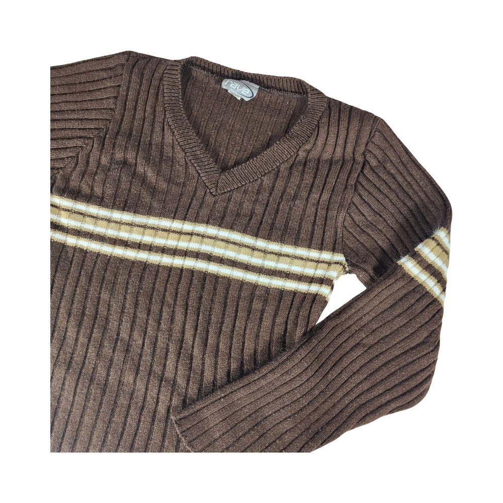 Vintage Rave Brown Ribbed Striped V-Neck Sweater Y2K Made in‎ USA Medium - Picture 3 of 9
